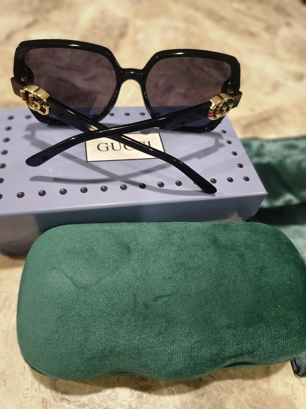 Gucci Black Square Sunglasses with Gold Bee Accent